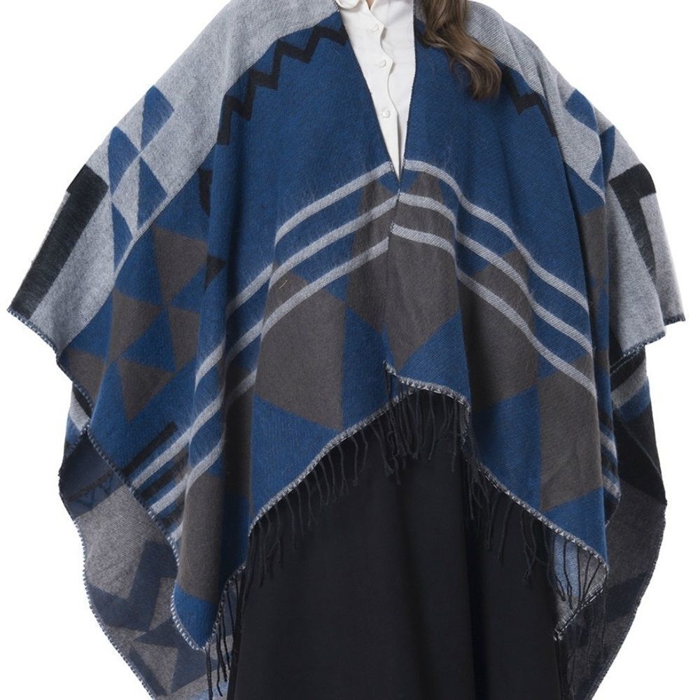Ruana Kimono Geometric Pattern with Fringes